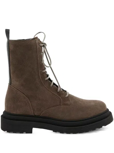 Brunello Cucinelli Suede Combat Boots Monile In Brown