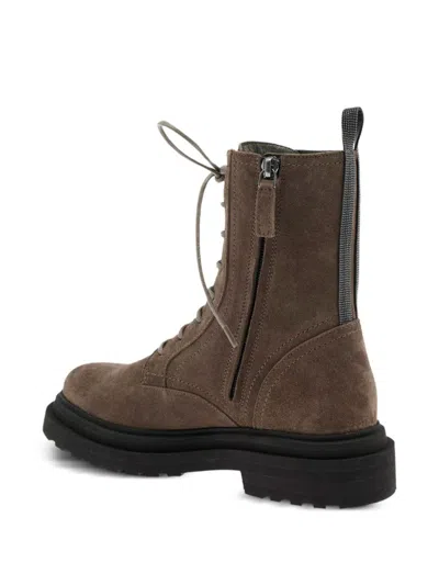 Brunello Cucinelli Suede Combat Boots Monile In Brown