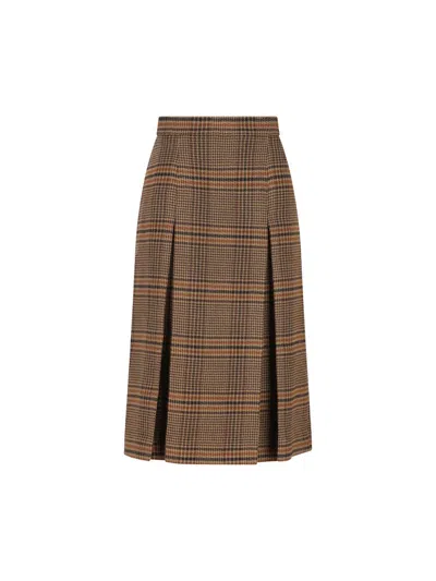 Saint Laurent Wool And Cashmere Prince Of Wales Midi Skirt Clothing In Brown