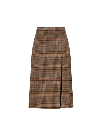 Saint Laurent Wool And Cashmere Prince Of Wales Midi Skirt Clothing In Brown
