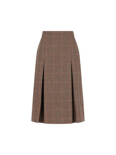 Saint Laurent Midi Skirt In Prince Of Wales Wool And Cashmere In Brown