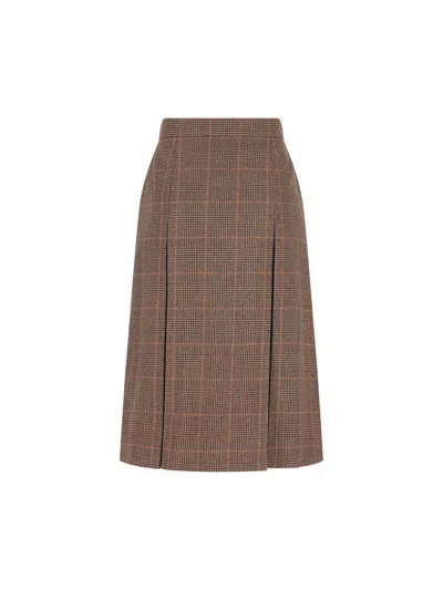 Saint Laurent Midi Skirt In Prince Of Wales Wool And Cashmere In Brown