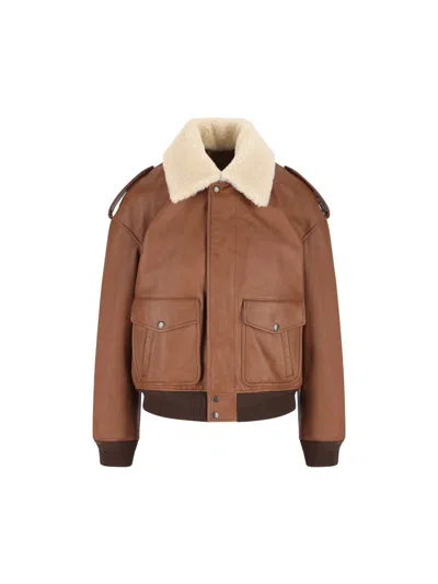 Saint Laurent Bomber Jacket In Hammered Leather And Shearling In Brown