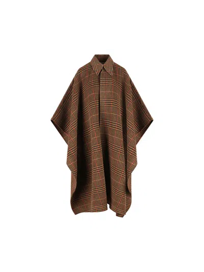Saint Laurent Plaid Cape In Brushed Wool In Brown