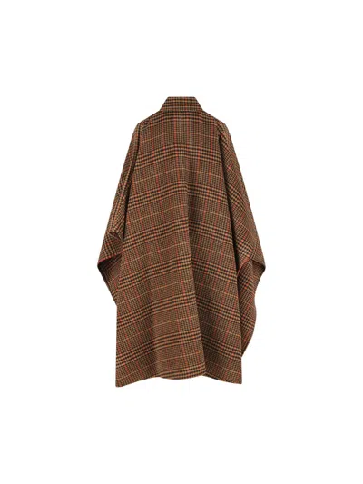 Saint Laurent Plaid Cape In Brushed Wool In Brown