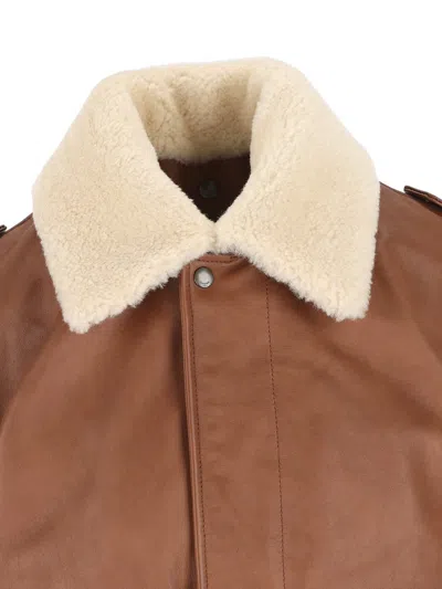 Saint Laurent Bomber Jacket In Hammered Leather And Shearling In Brown
