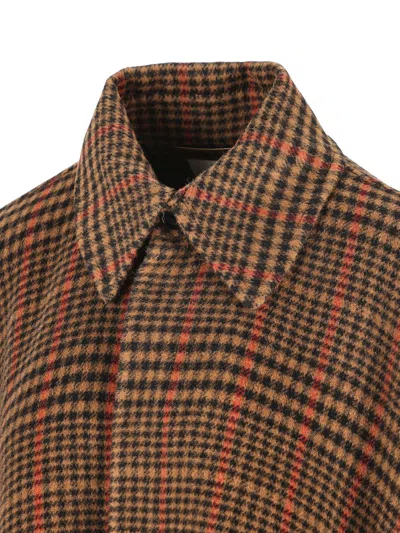 Saint Laurent Plaid Cape In Brushed Wool In Brown