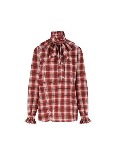 Saint Laurent Silk Blouse With Plaid Pattern And Ruffles In Red