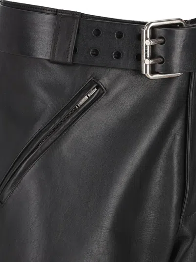 Saint Laurent Hammered Leather Belted Pants In Black
