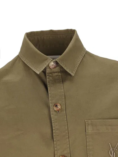 Saint Laurent Green Shirt With Classic Collar And Cassandre Embroidery On The Front In Cotton Man In Green
