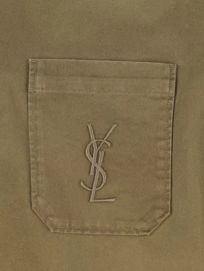 Saint Laurent Green Shirt With Classic Collar And Cassandre Embroidery On The Front In Cotton Man In Green