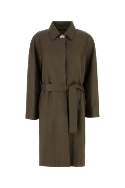 Fendi Leather Trench Coat With Belt And Collar In Green