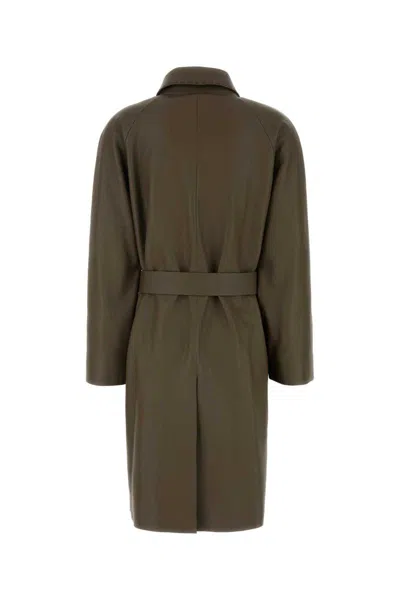 Fendi Leather Trench Coat With Belt And Collar In Green