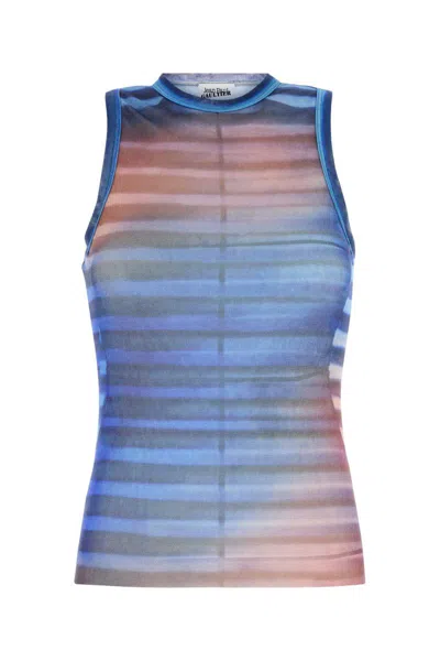 Jean Paul Gaultier Sleeveless Round Neck Striped Sheer Top In Blue