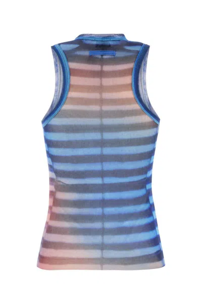 Jean Paul Gaultier Sleeveless Round Neck Striped Sheer Top In Blue