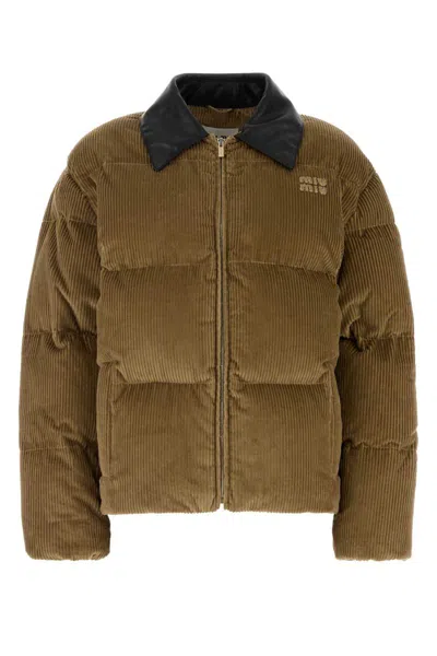 Miu Miu Corduroy Padded High Collar Down Jacket In Brown