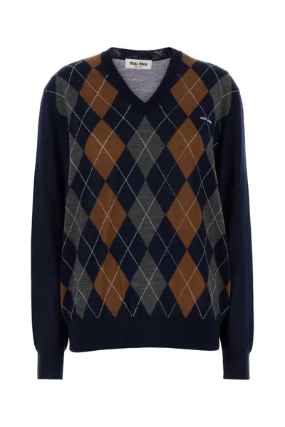 Miu Miu Argyle V-neck Wool Sweater In Multi