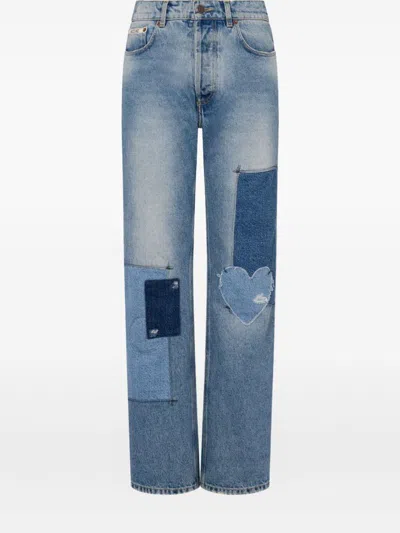 Moschino Straight Patchwork Trousers Heart Patch In Blue