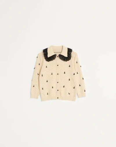 Valentino Pointelle Micro Tassel Ruffled Cardigan In Neutral