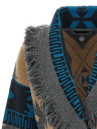 Alanui Shawl Collar Knit Cardigan With Fringe In Blue