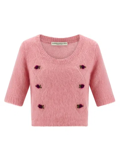 Alessandra Rich Crew Neck Floral Appliqué Short Sleeves Soft Texture In Pink
