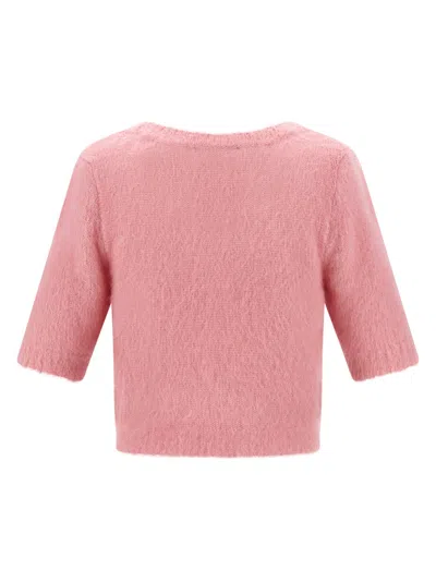 Alessandra Rich Crew Neck Floral Appliqué Short Sleeves Soft Texture In Pink