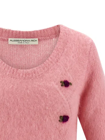 Alessandra Rich Crew Neck Floral Appliqué Short Sleeves Soft Texture In Pink