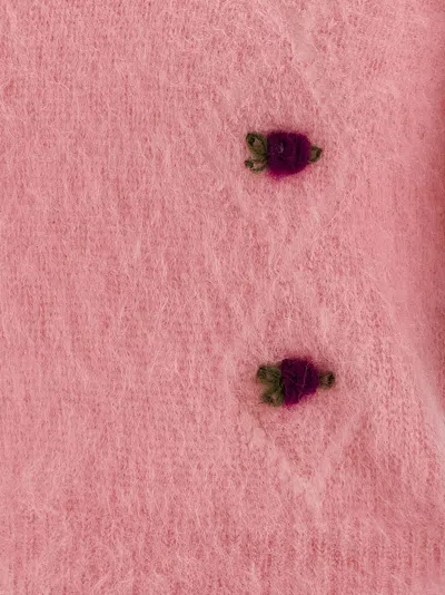 Alessandra Rich Crew Neck Floral Appliqué Short Sleeves Soft Texture In Pink