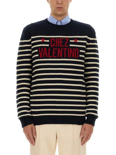 Valentino Garavani Crewneck Sweater With Bold Jacquard Motif In Blue