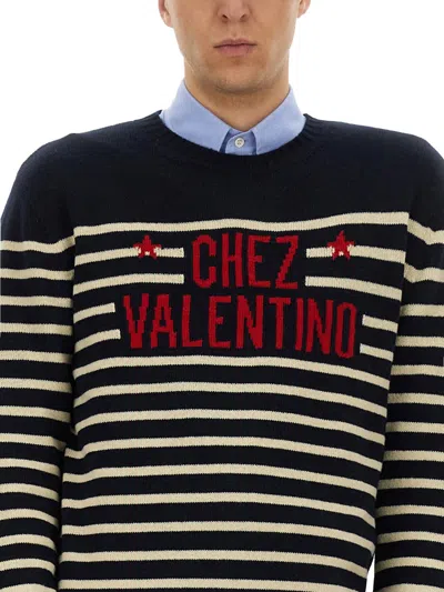 Valentino Garavani Crewneck Sweater With Bold Jacquard Motif In Blue