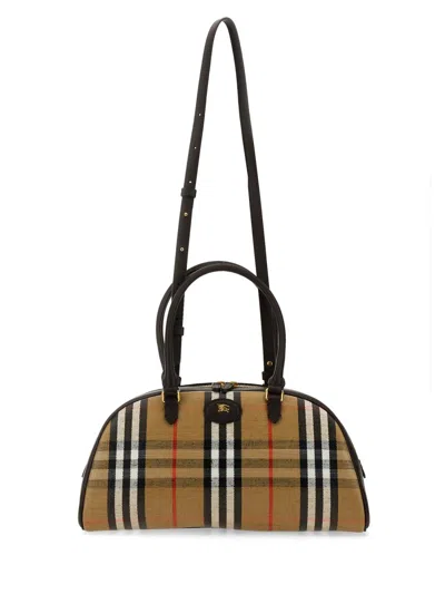 Burberry Highland Beige Handbag With Ekd Patch On The Front And All-over Check Motif In Cotton Blend Woman
