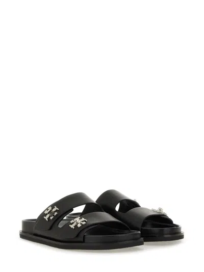 Tory Burch T Lock Slide Sandals With Logo Embellishment In Black