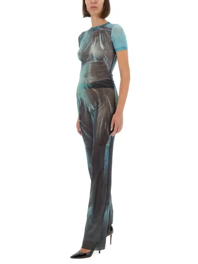 Jean Paul Gaultier Printed Flared-leg Mesh Trousers In Blue