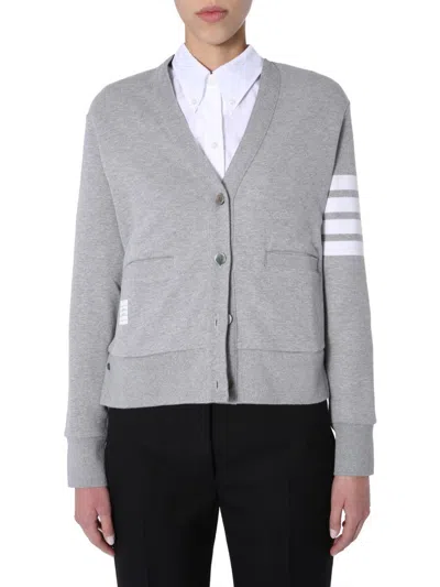 Thom Browne Four Bar Stripe Cotton Blend Knit V-neck Cardigan In Gray
