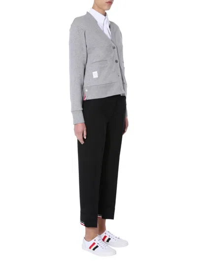 Thom Browne Four Bar Stripe Cotton Blend Knit V-neck Cardigan In Gray