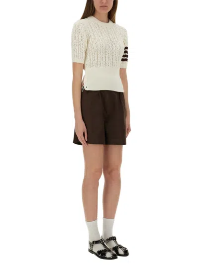 Thom Browne Pointelle Cable Stitch 4-bar Tee In Neutral
