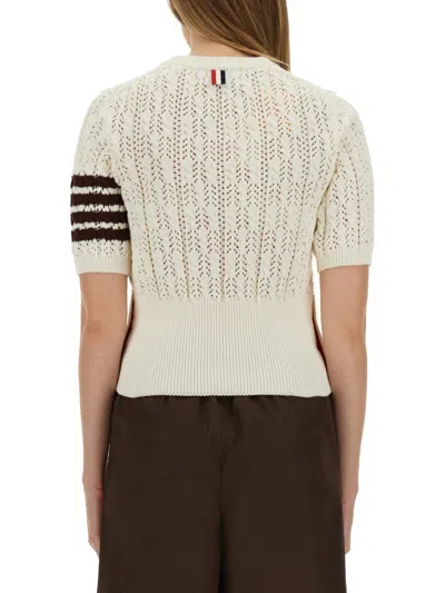 Thom Browne Pointelle Cable Stitch 4-bar Tee In Neutral