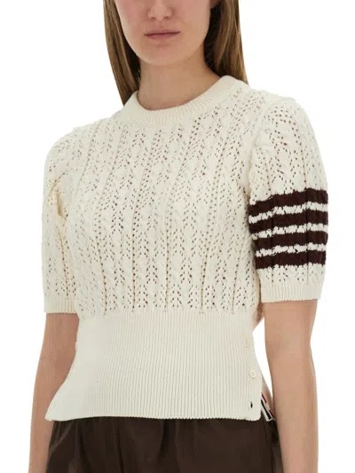 Thom Browne Pointelle Cable Stitch 4-bar Tee In Neutral