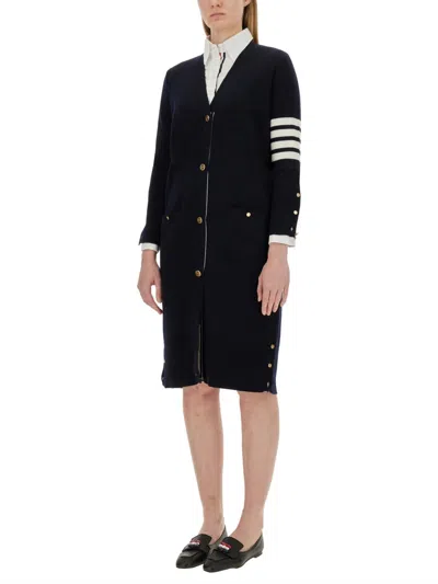 Thom Browne Knee-length Virgin Wool Cardigan With Striped Detail In Black