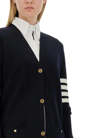 Thom Browne Knee-length Virgin Wool Cardigan With Striped Detail In Black