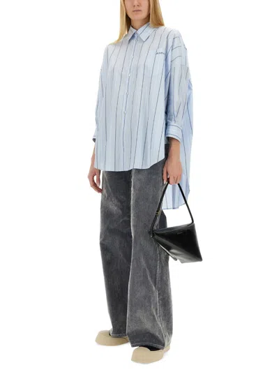 Marni Asymmetric Striped Shirt Chest Pocket In Blue