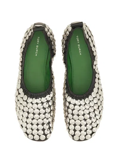 Tory Burch Studded Round Toe Ballerina Shoes With Flat Sole In Neutral