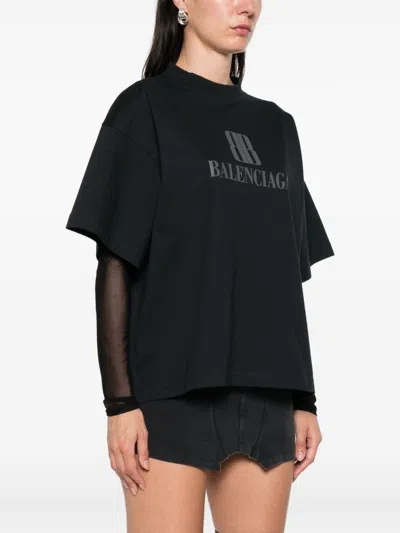 Balenciaga Faded Black T-shirt With Central Print And Wide Fit. In Black