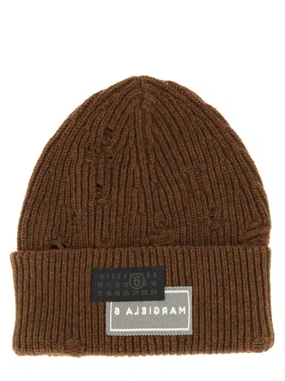 Mm6 Maison Margiela Wool Blend Beanie Hat With Distressed Effect
