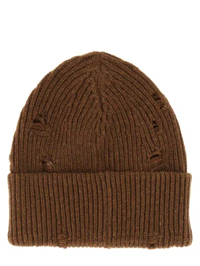 Mm6 Maison Margiela Wool Blend Beanie Hat With Distressed Effect