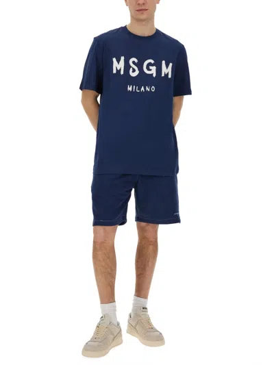 Msgm Bermuda Shorts With Embroidered Logo In Blue