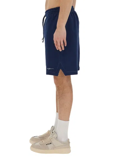 Msgm Bermuda Shorts With Embroidered Logo In Blue