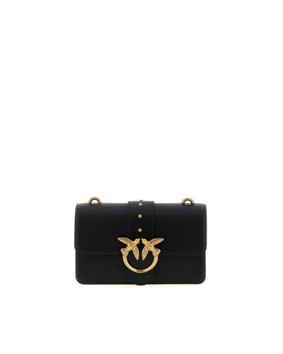 Pinko Love One Classic Black Crossbody Bag With Studded Strap And Love Birds Diamond Cut Plaque On The Fro In Black