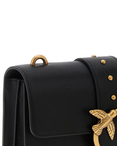 Pinko Love One Classic Black Crossbody Bag With Studded Strap And Love Birds Diamond Cut Plaque On The Fro In Black