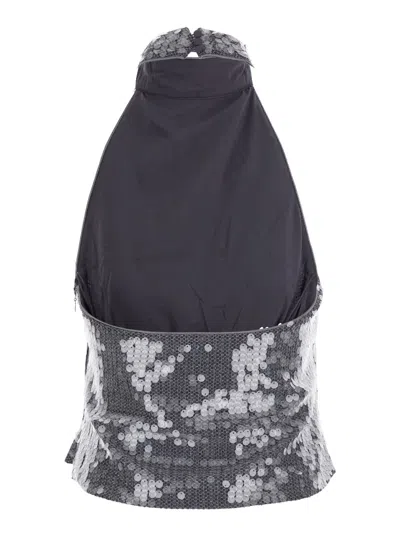 Rotate Birger Christensen Rotate Sleeveless Silver Top With All-over Paillettes In Gray